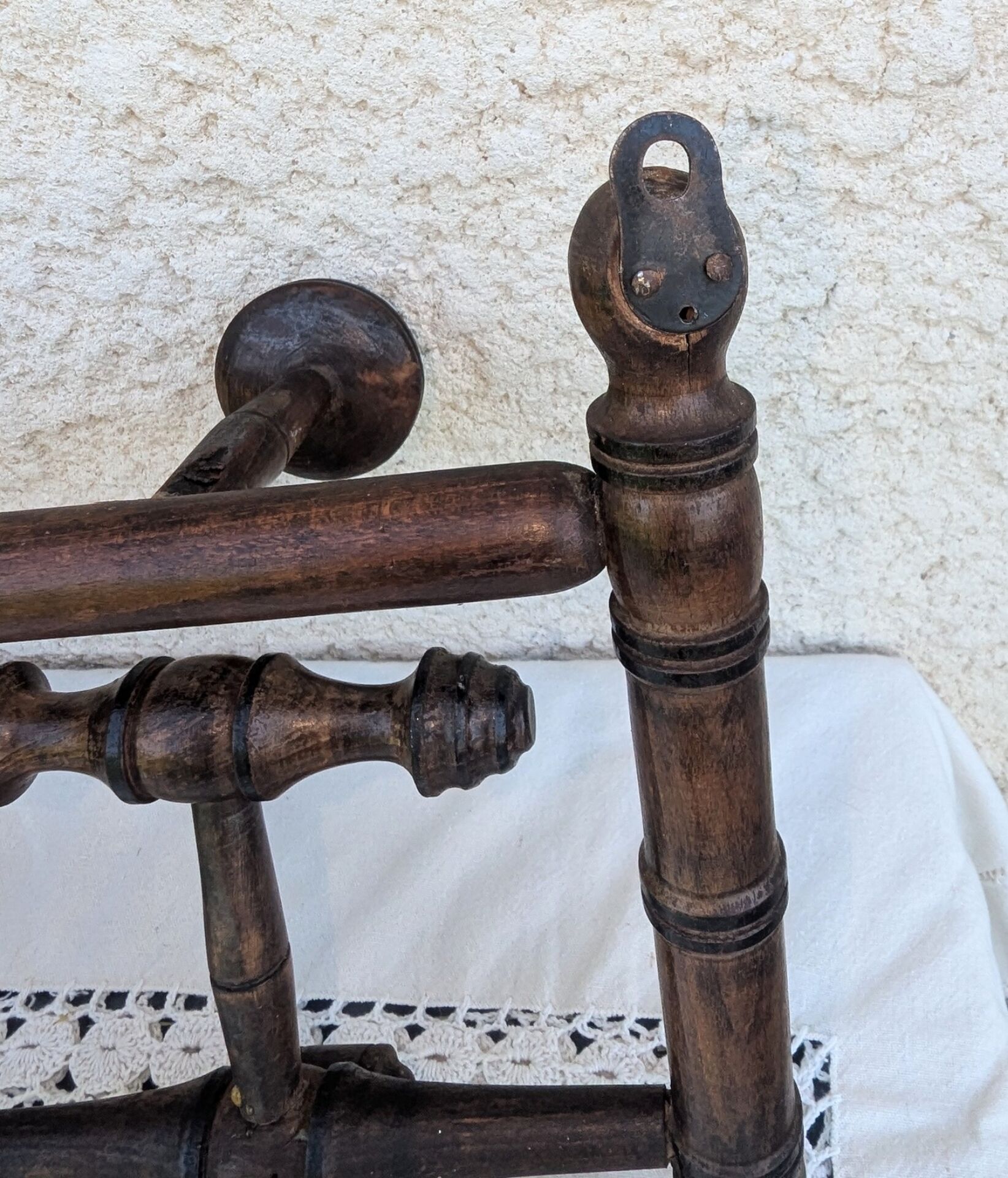 Antique wall coat rack, wooden turned bamboo, bistro 1900.