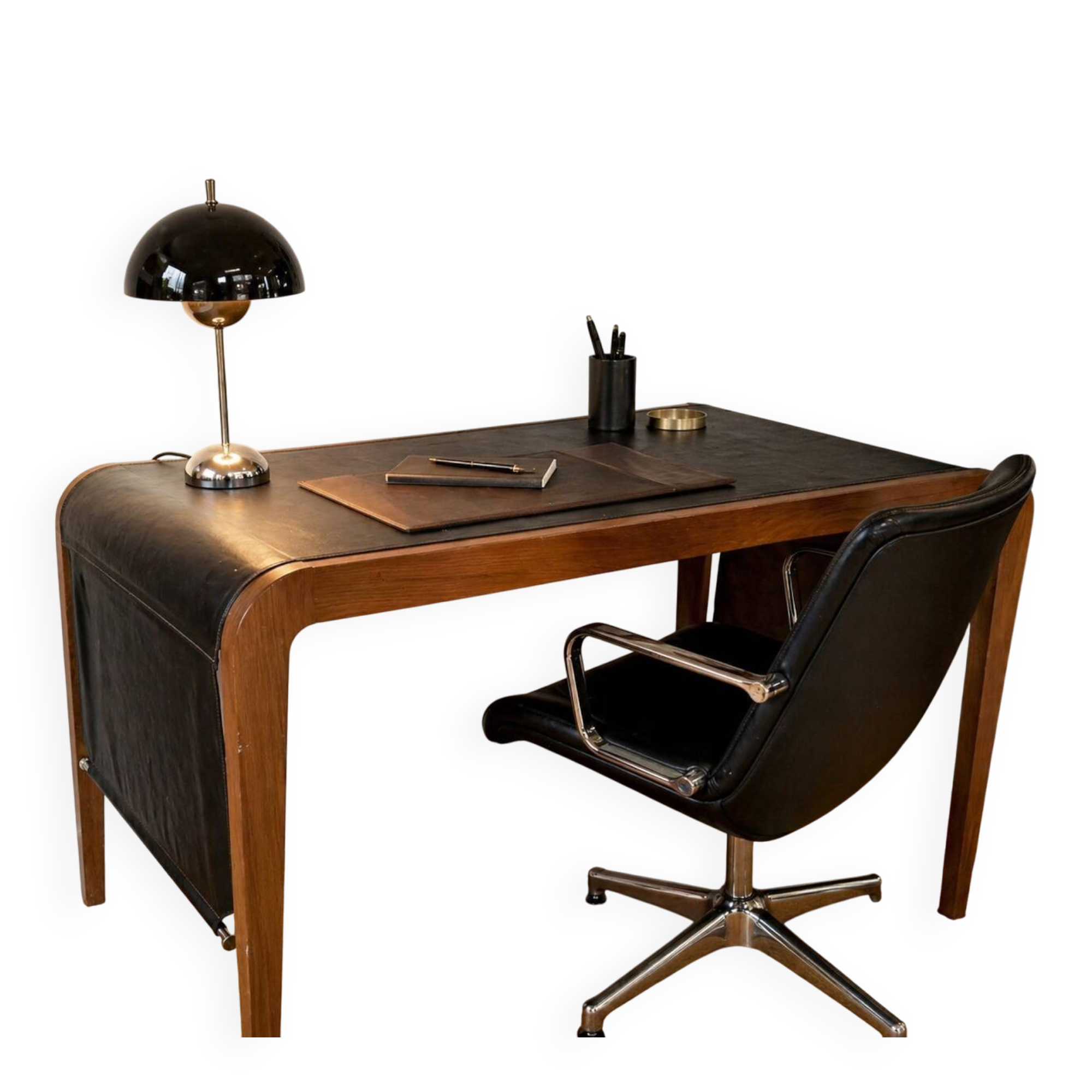 Vintage curved wood and leather desk – 1970s/80s