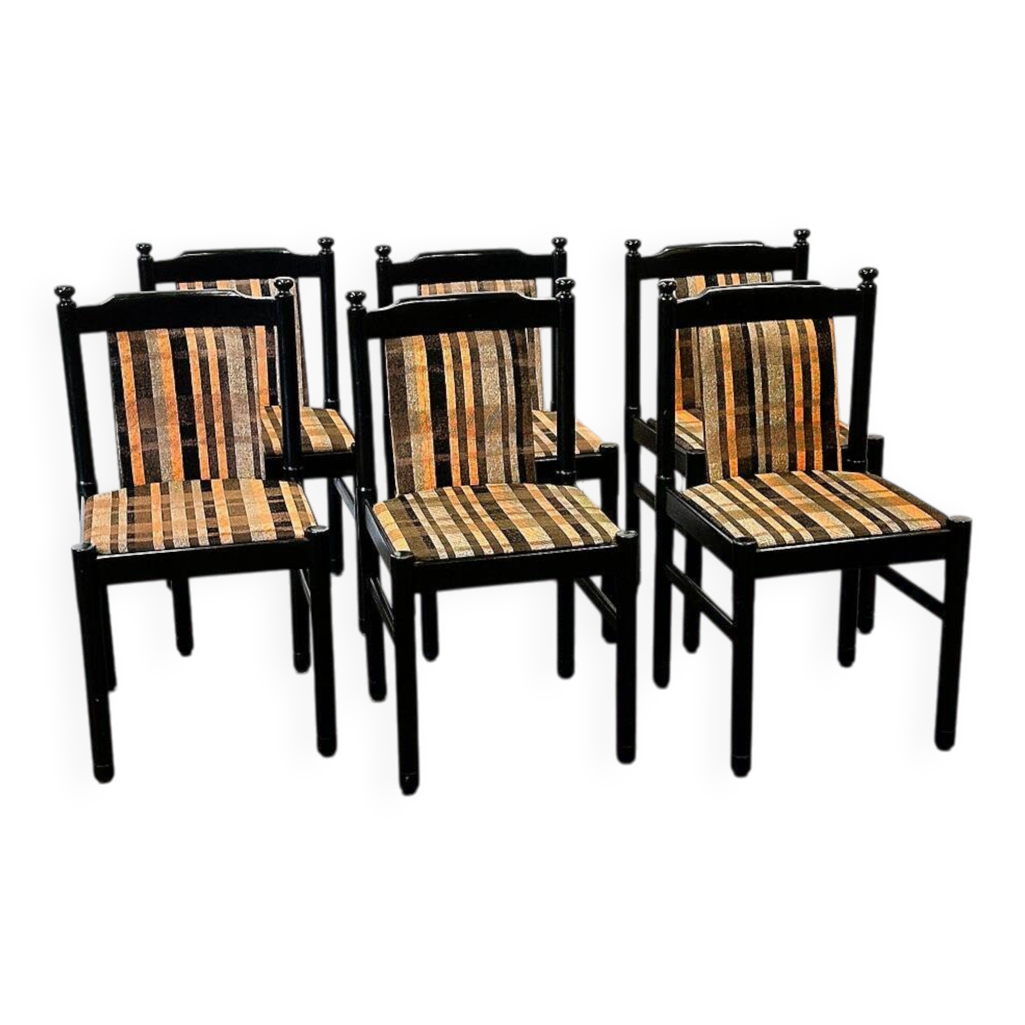 Set of 6 black lacquered chairs with the original 1970s fabric.