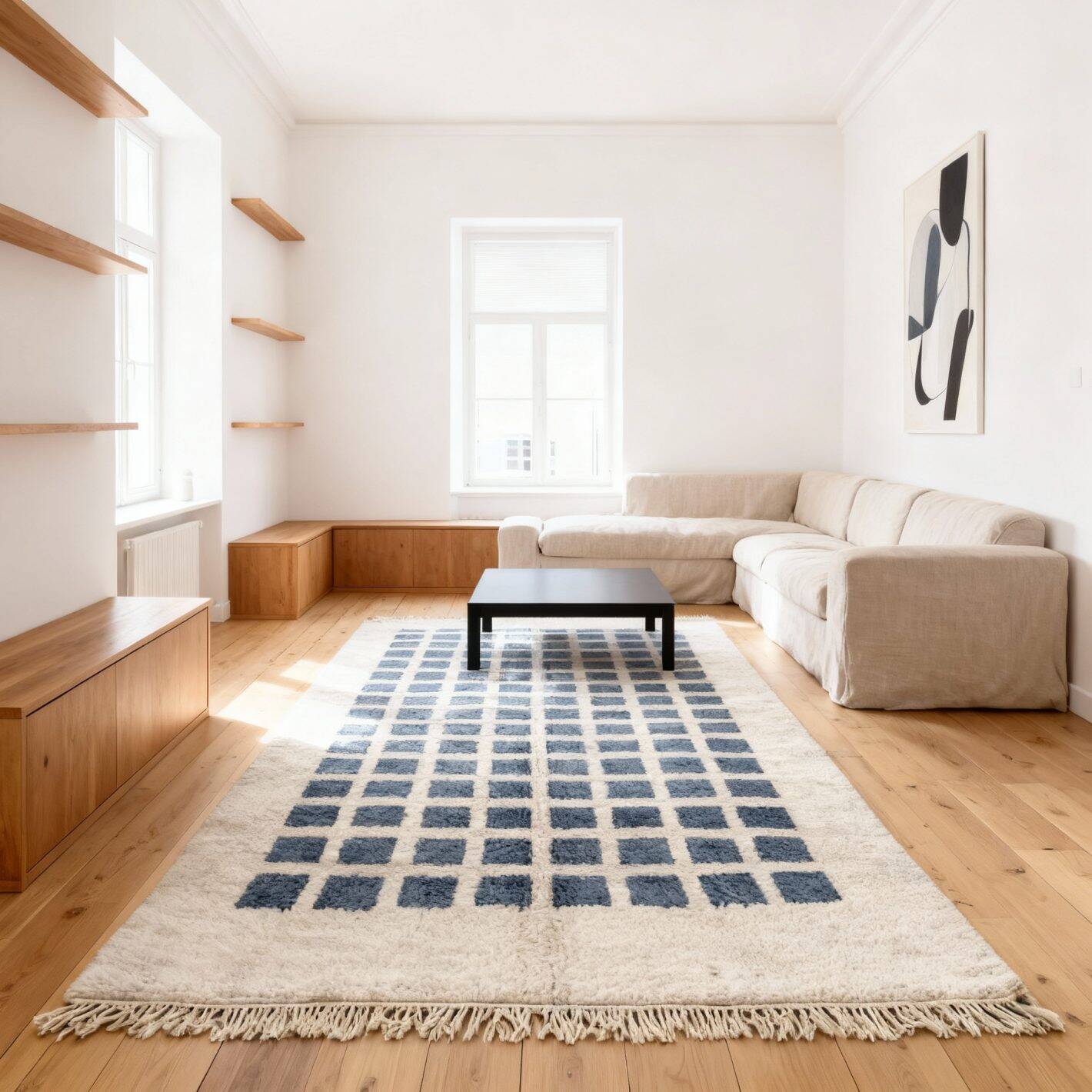 Tapis moderne motif quadrillage en laine 2COULEUR 250CMX150CM