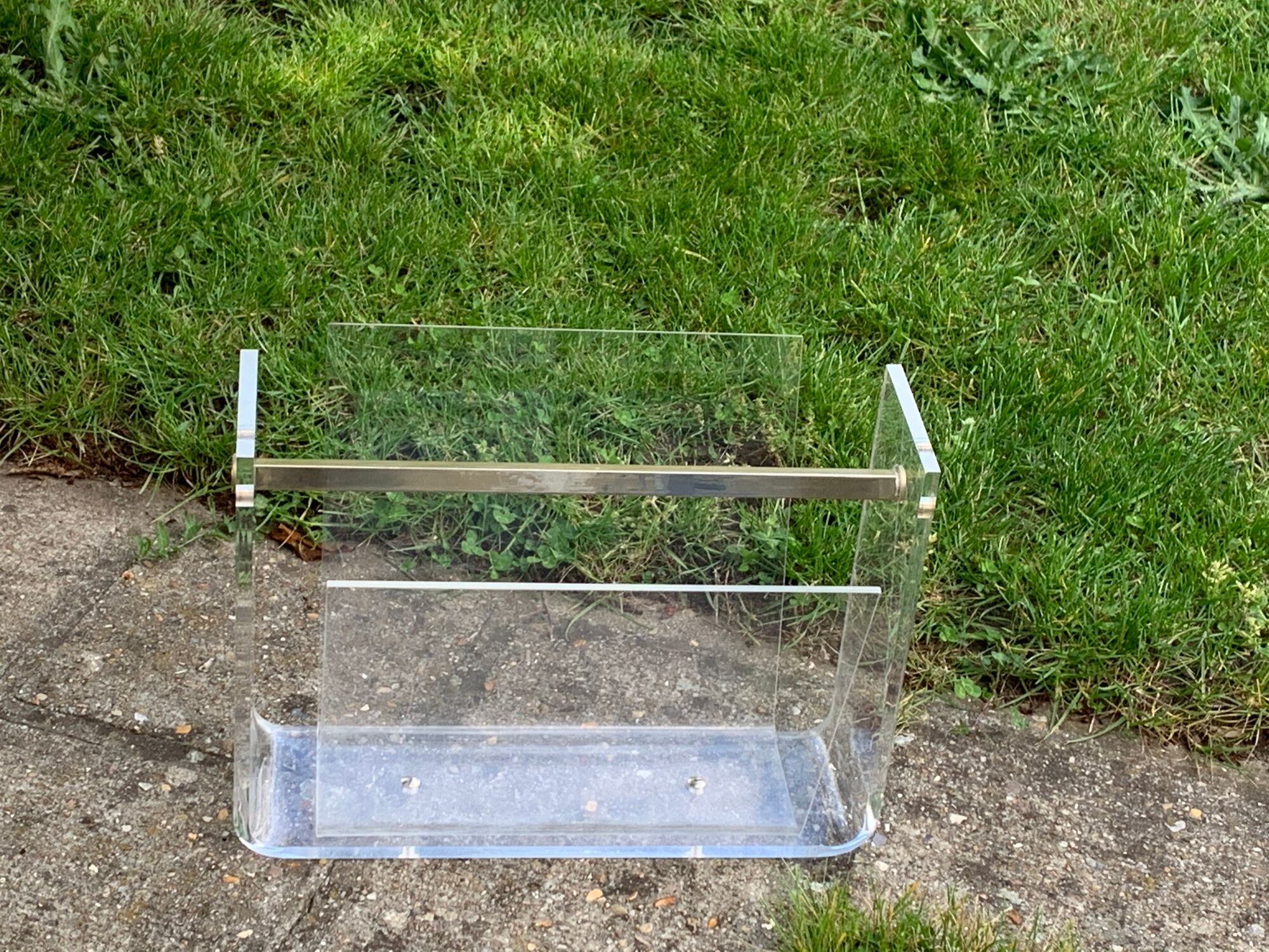 Transparent Plexiglas magazine holder and 1970 vintage brass handle