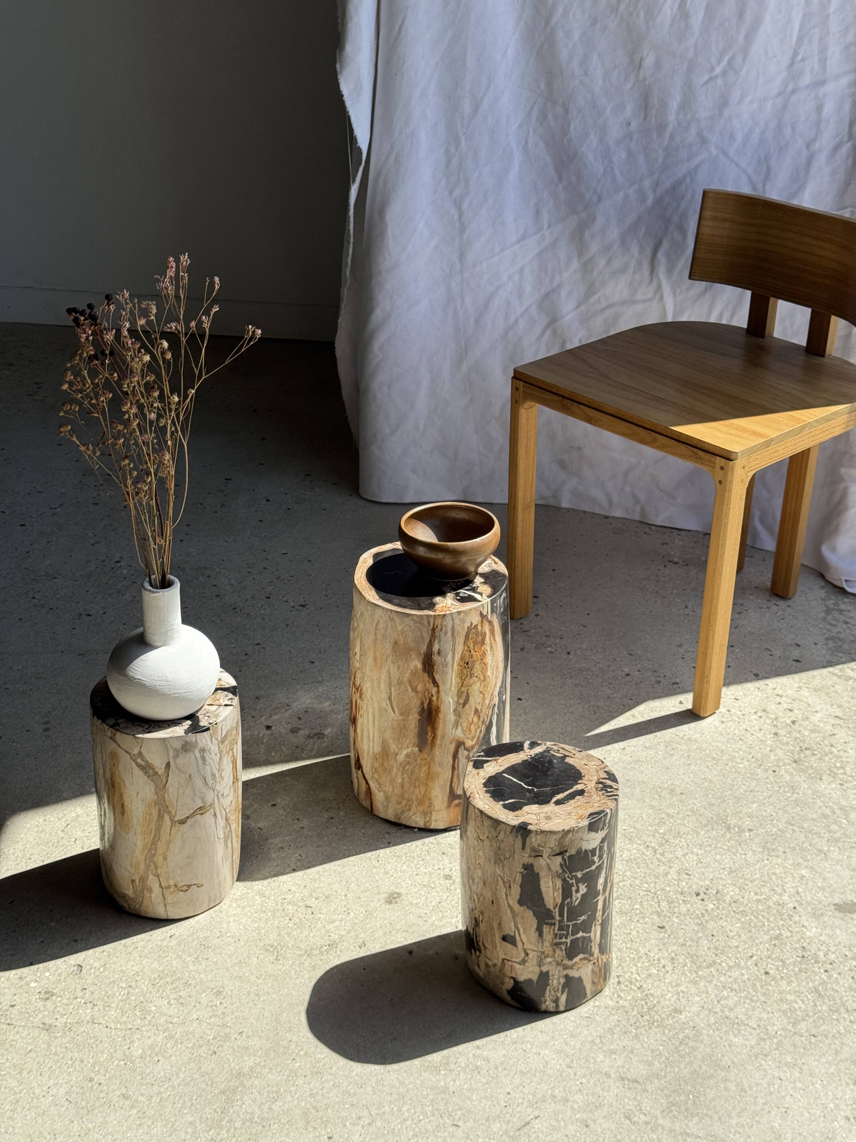 Petrified wood side table, black heart, beige bark, H35 D22 - 3330