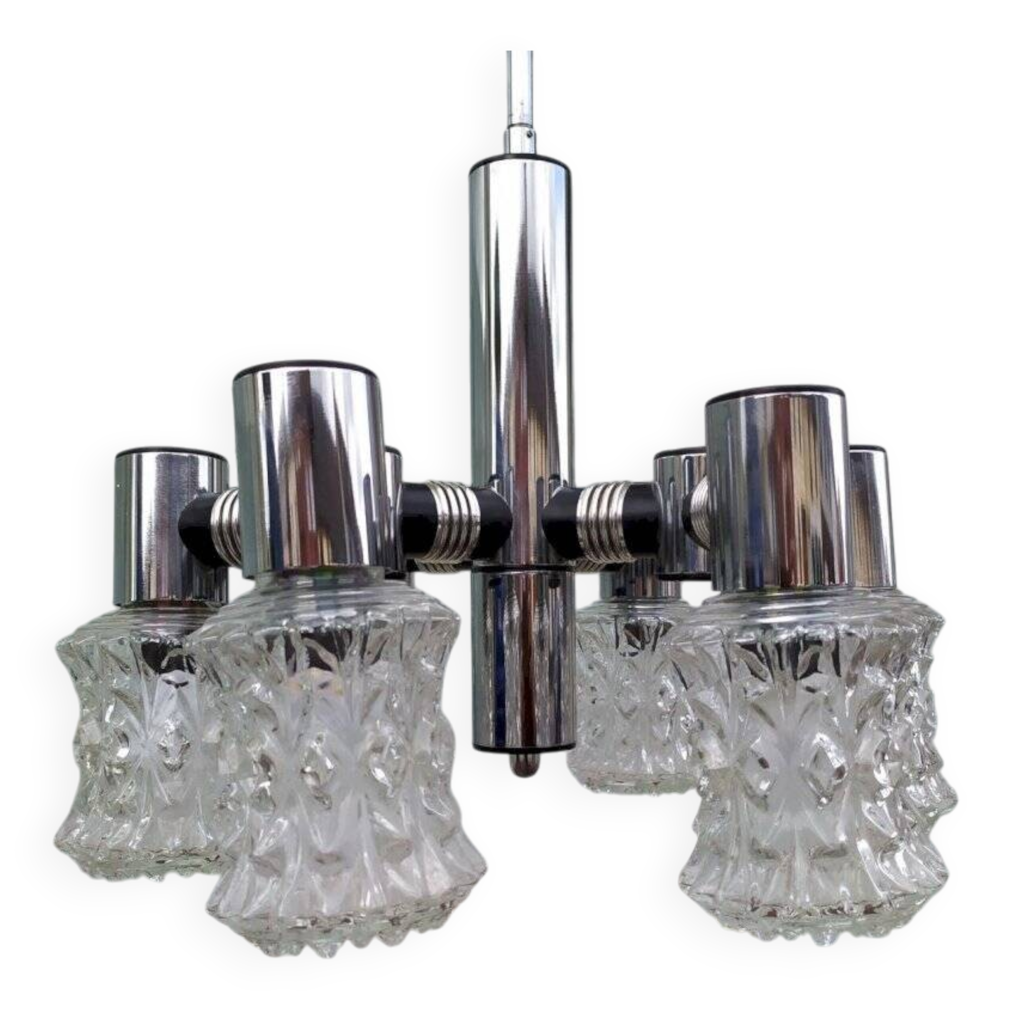 Vintage ceiling light in chrome-plated and cut glass, Targetti 1970 chandelier