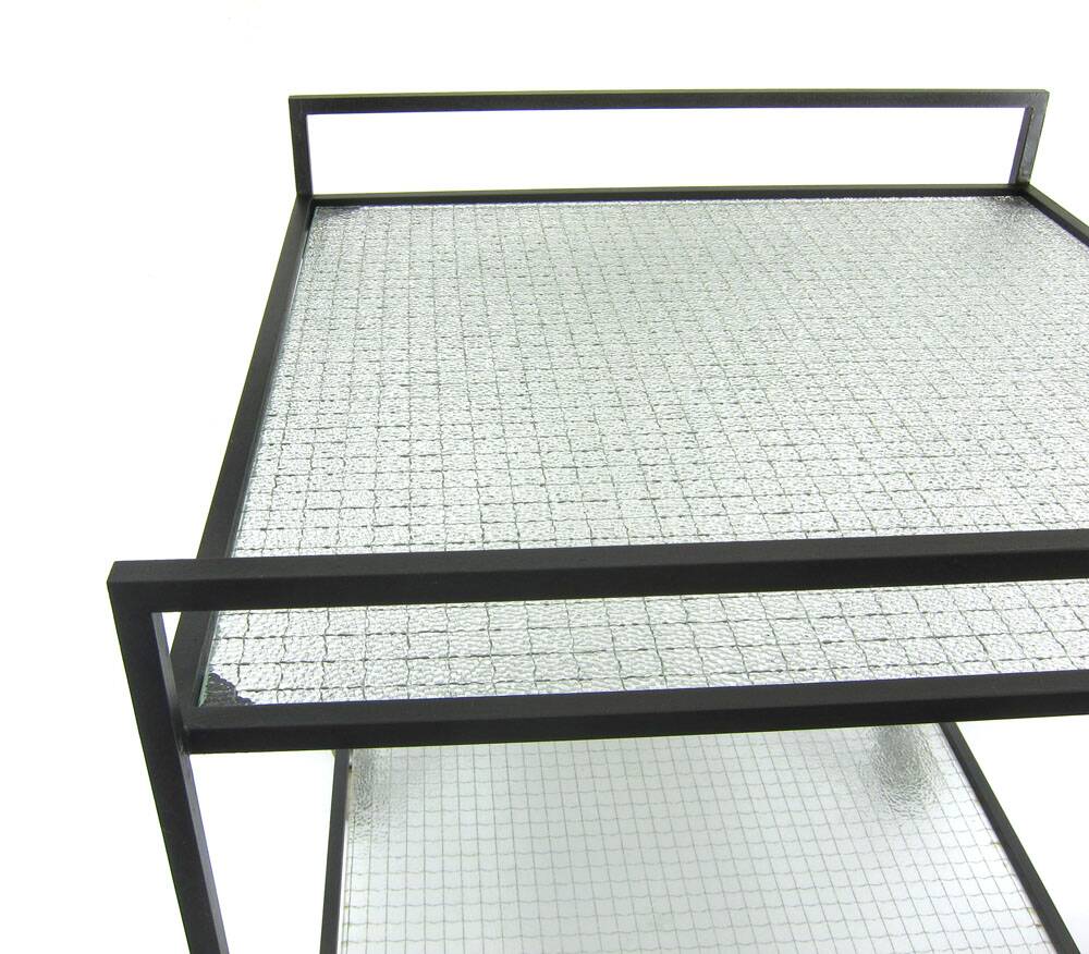 Minimal steel and wired glass sixties tea trolley