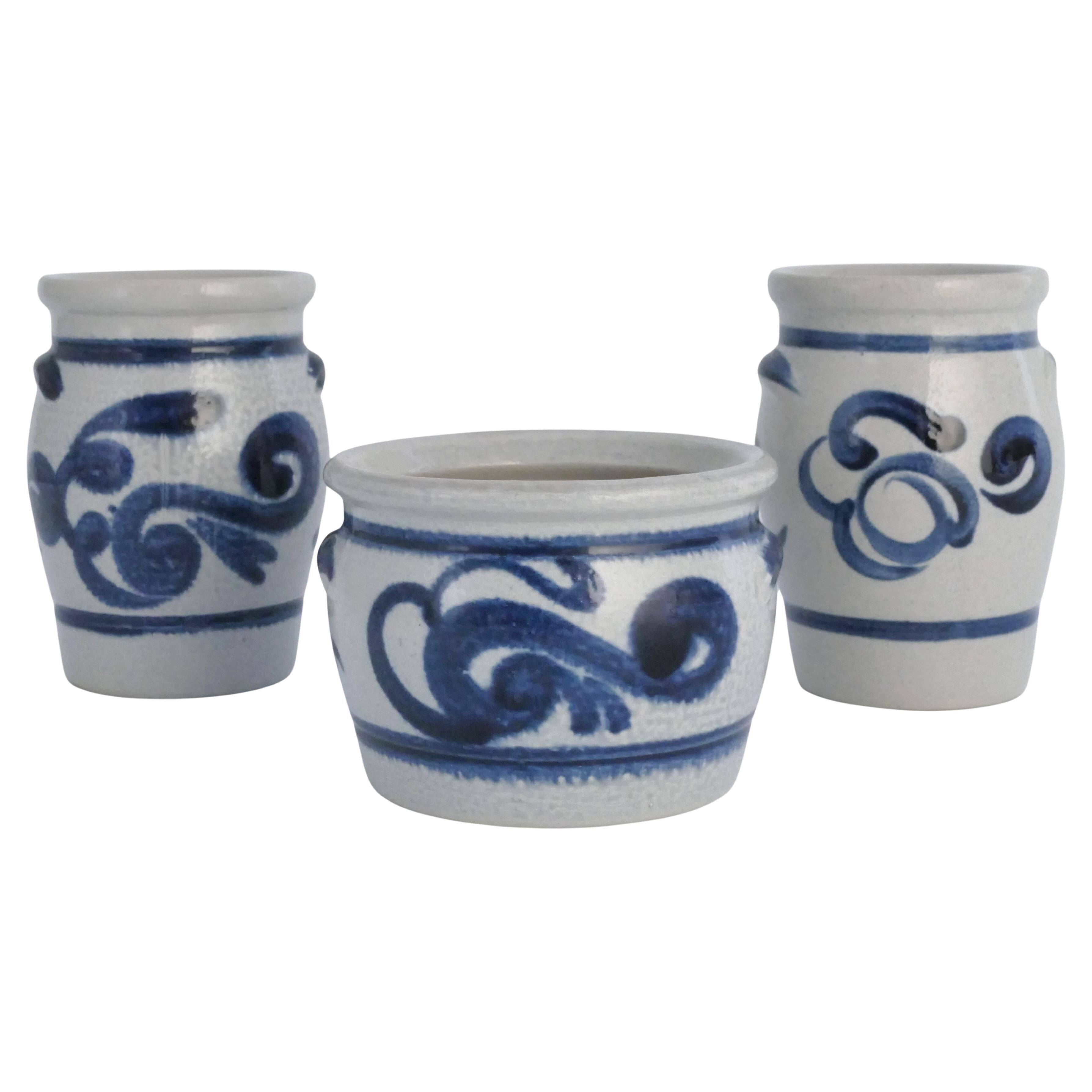 Stoneware Jars with Cobalt Blue Floral Motif from Westerwald, Germany, Set of 3