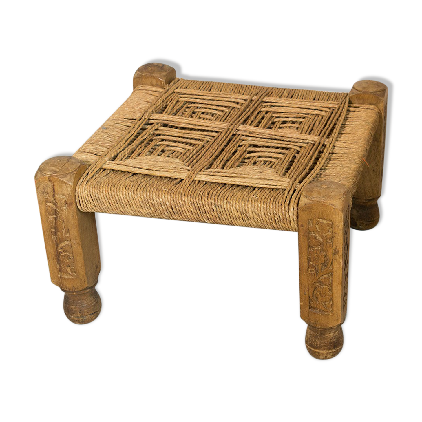 Ethnic teak and rope tabouret