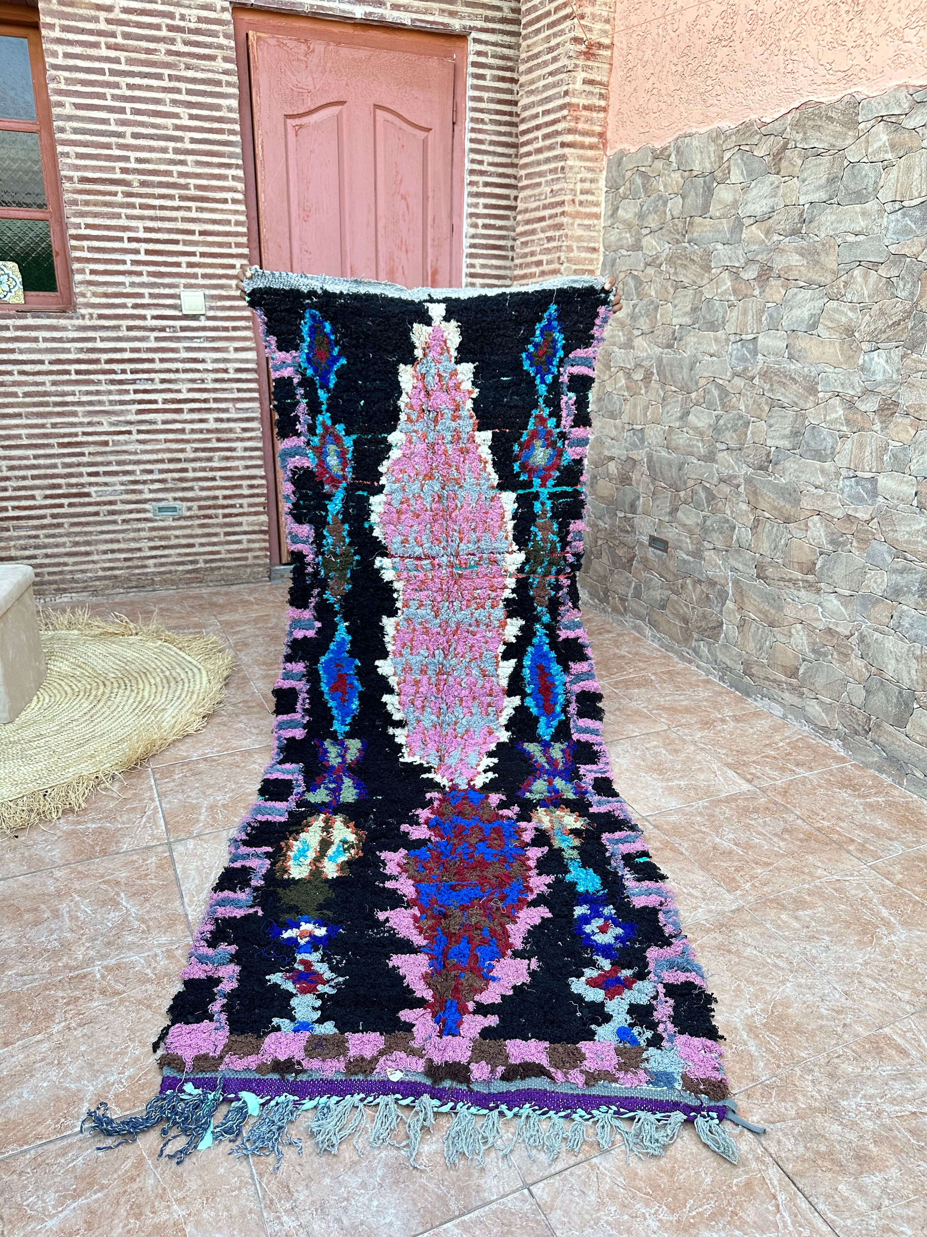 Vintage Berber Boucherouite hallway rug: Handwoven Moroccan rug.
