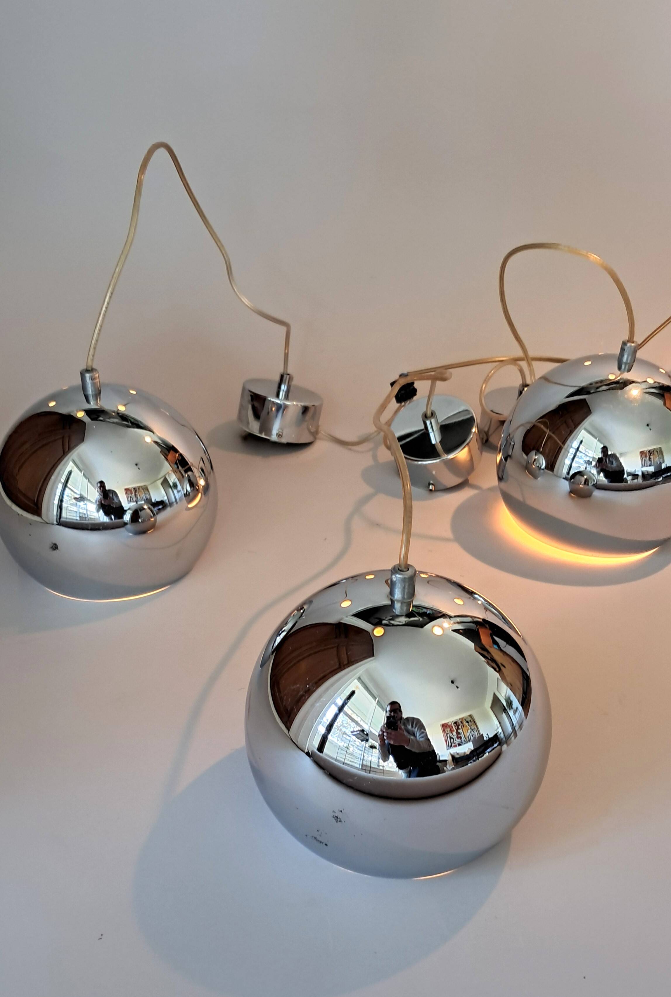 Set of 3 Benny Frandsen modular chrome pendant lights, Denmark 1970/80