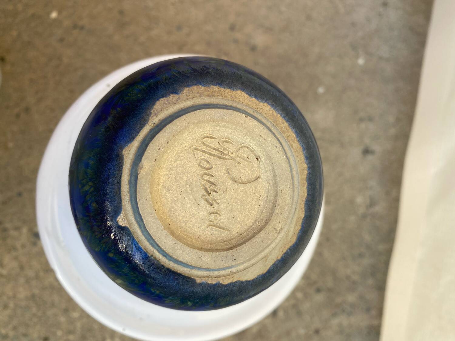 Glazed stoneware bottle with crystallised glaze signed Francoise Roussel.