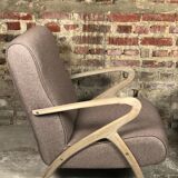Chairs (pair) in curved rough oak and beige and brown woven mottled fabrics