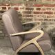 Chairs (pair) in curved rough oak and beige and brown woven mottled fabrics