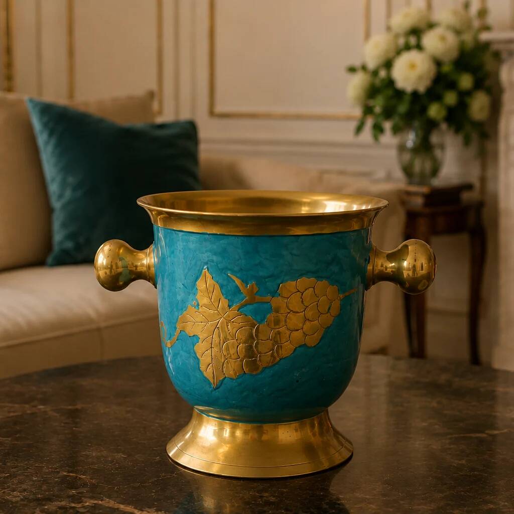 Vintage turquoise brass champagne bucket with grape decoration.