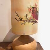 Wooden lamp and lampshade with bird decoration