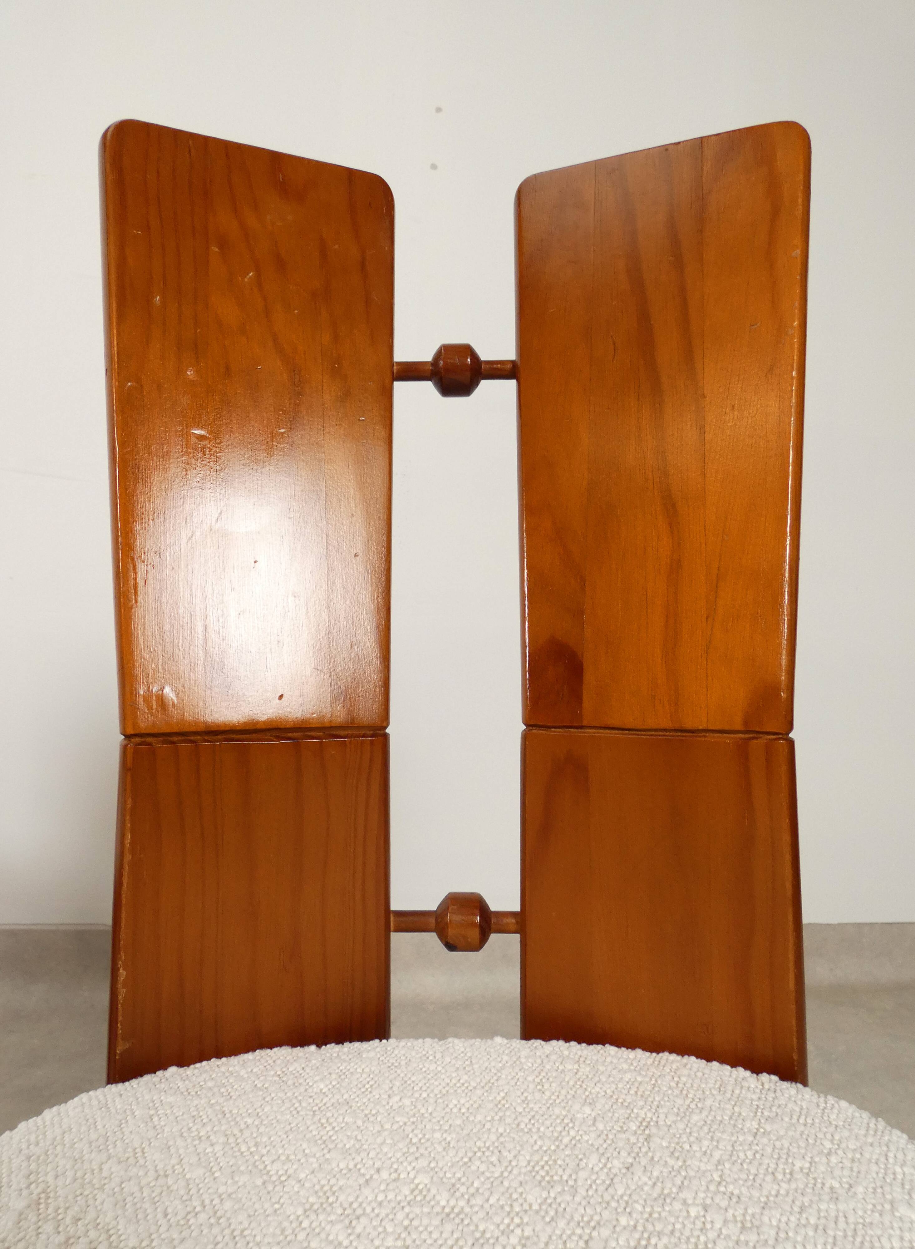 70's brutalist dining chairs in oak with bouclé fabric