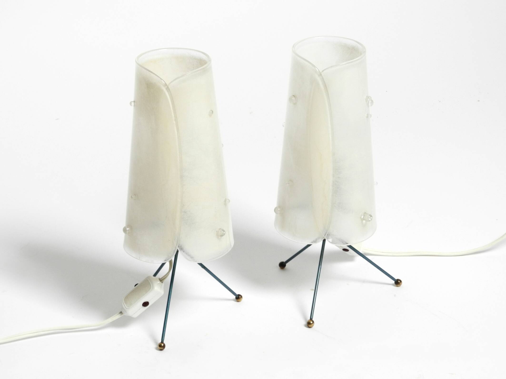 Two very Mid Century Modern tripod table lamps with white plexiglas shades