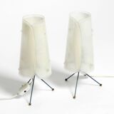 Two very Mid Century Modern tripod table lamps with white plexiglas shades