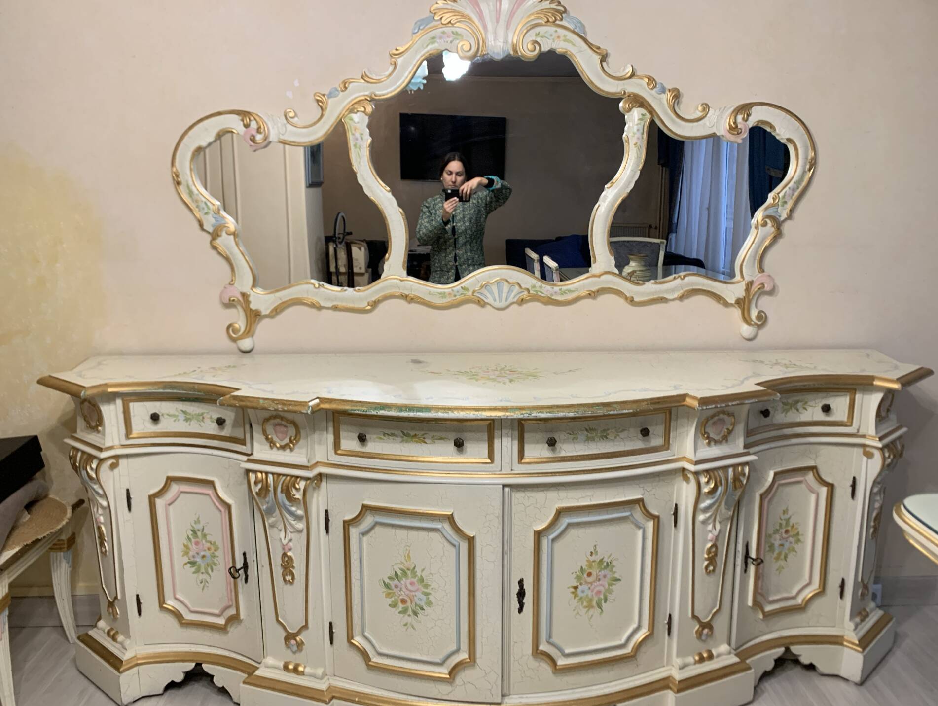 Rococo style white wooden sideboard