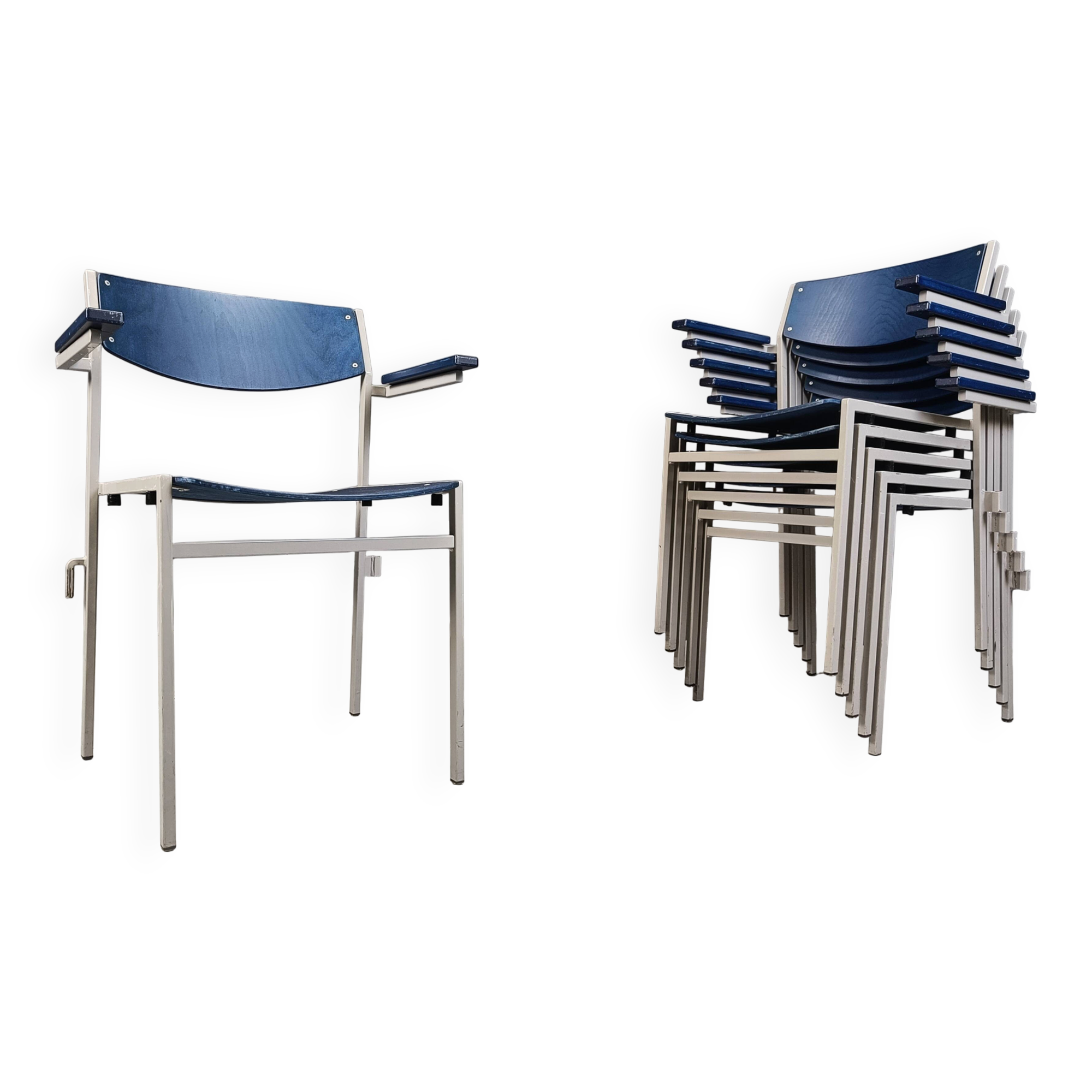 Minimalist metal and plywood stackable armchairs by Gijs Van Der Sluis