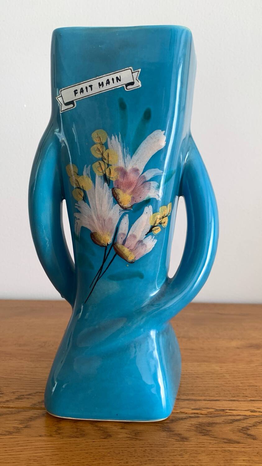 Sculptural vase in azure blue ceramic, hand-painted floral decoration –