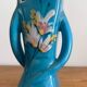 Sculptural vase in azure blue ceramic, hand-painted floral decoration –