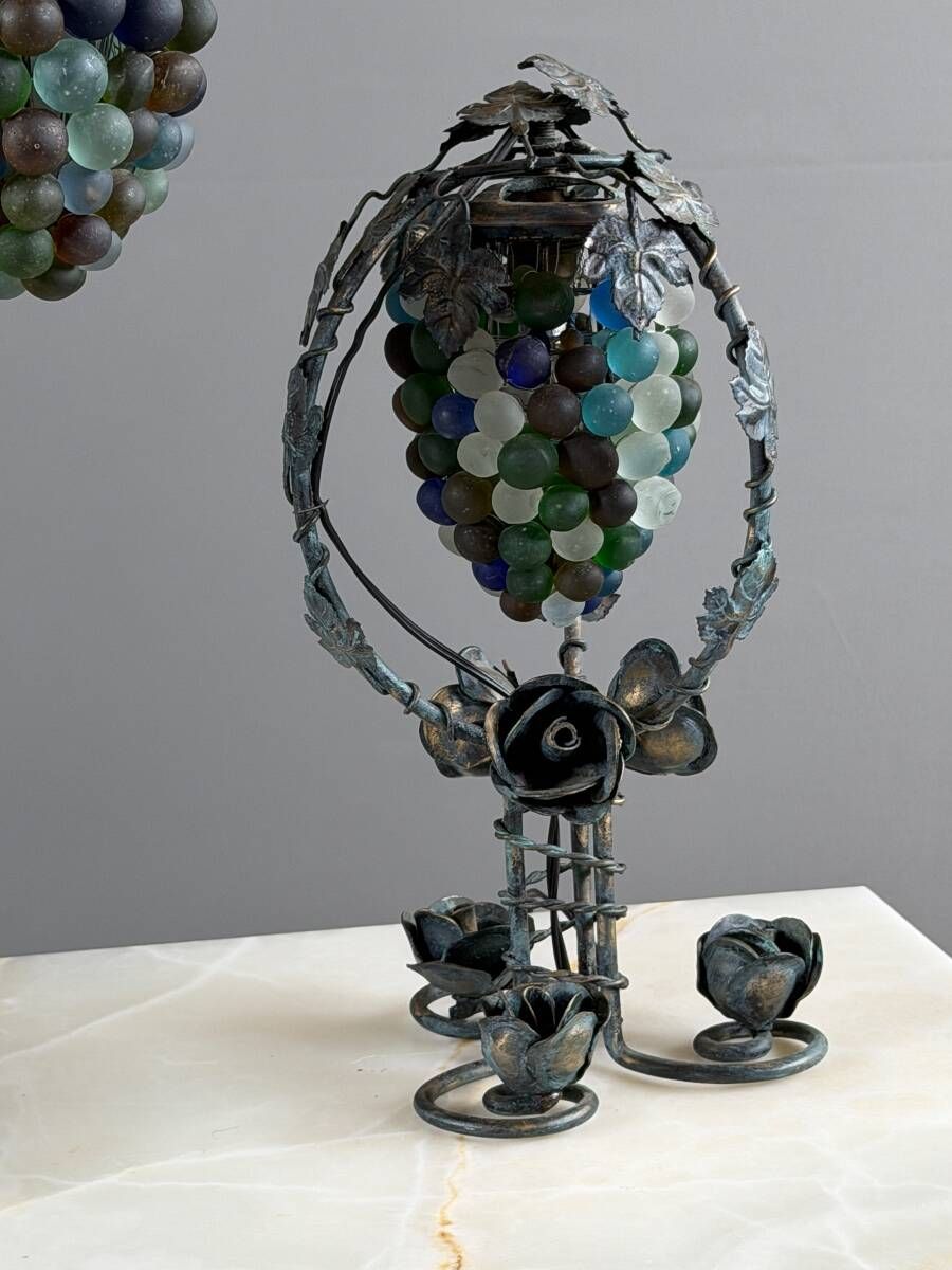 Set of three lamps in bronze and polychrome Murano glass, 20th century