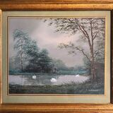 Original Gouache painting "the swan pond" Z.M. François + frame