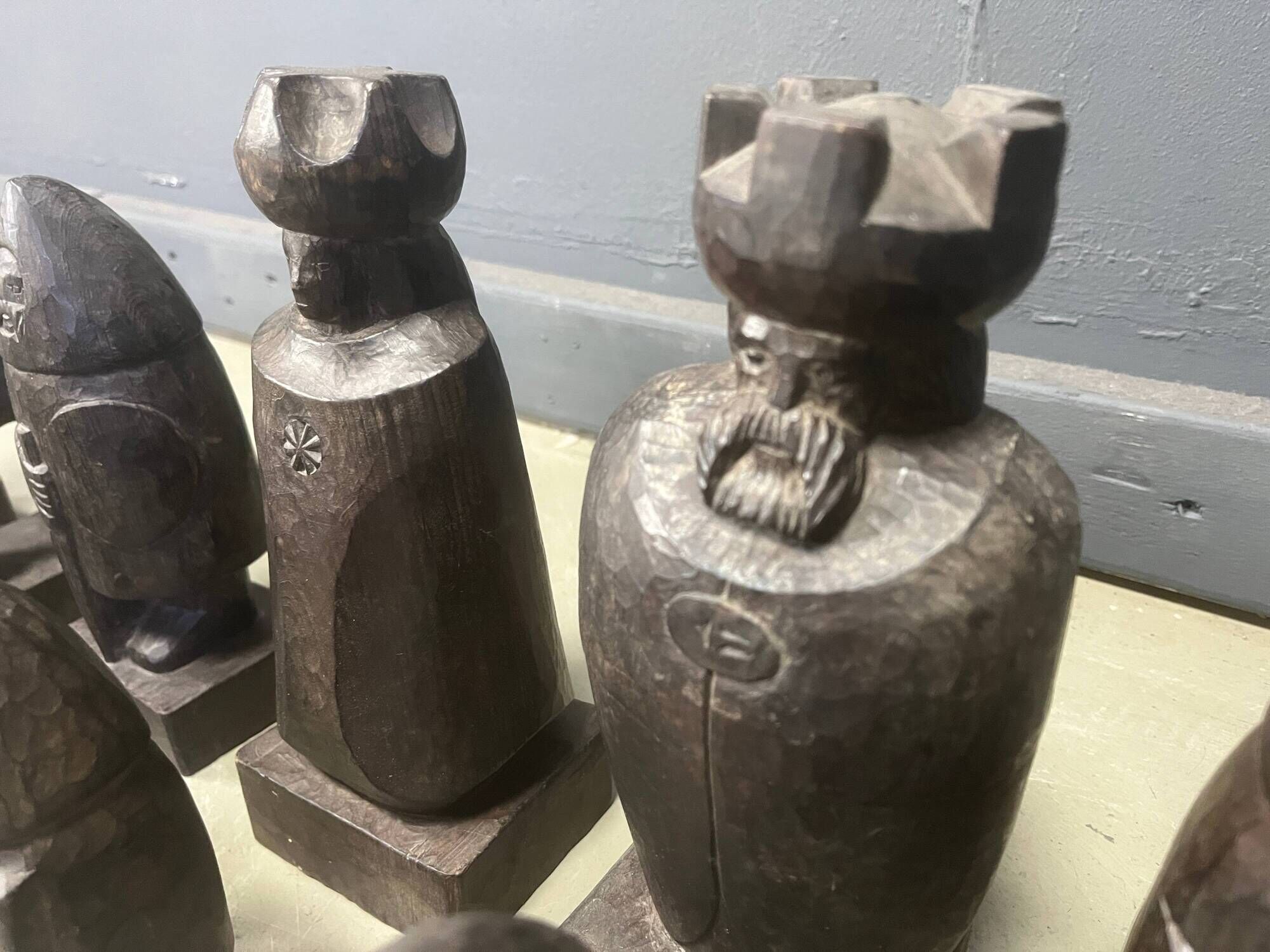 Large hand crafted wooden chess figure set, 1960s