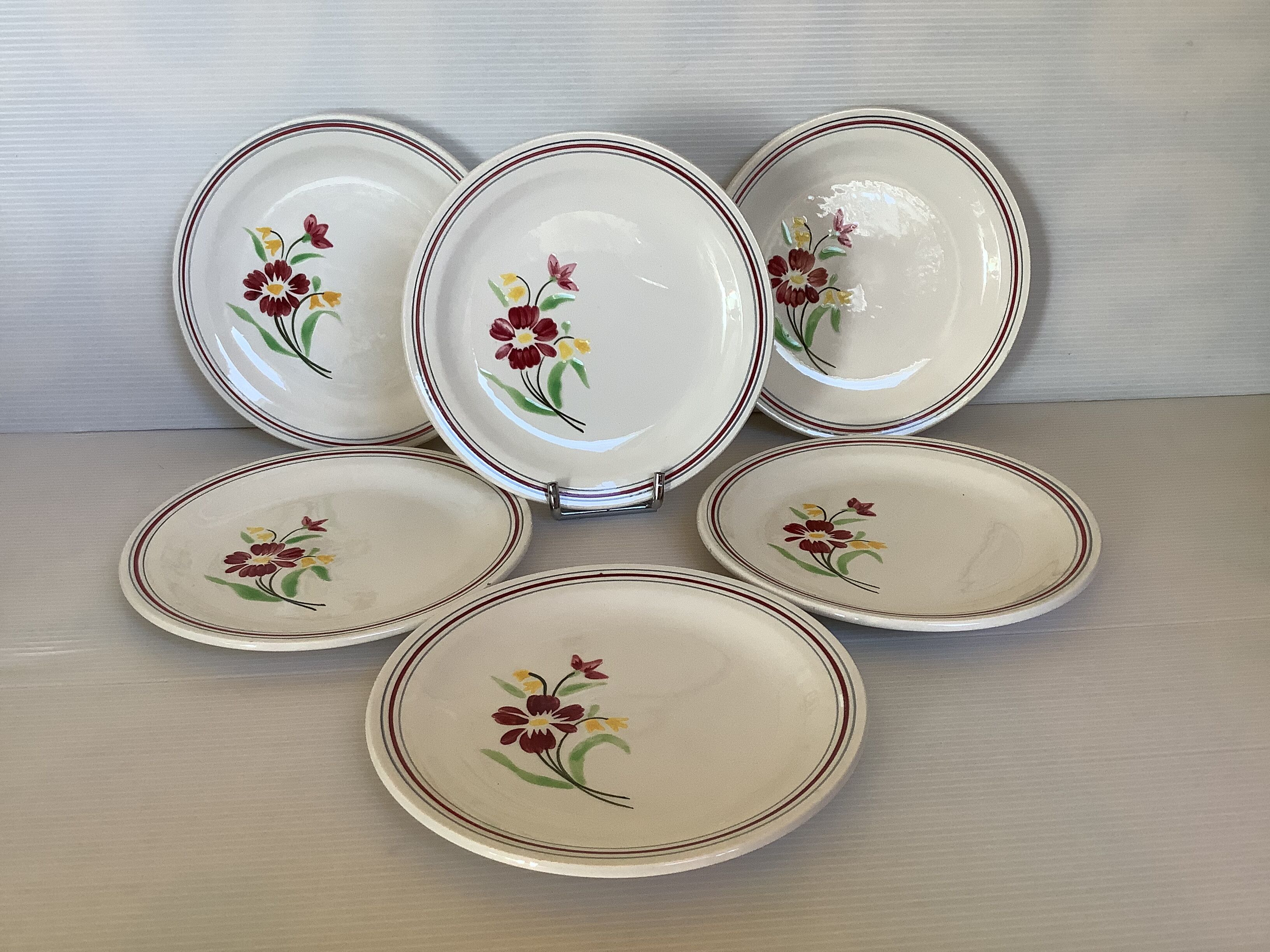 6 old dessert plates with garnet flowers from France