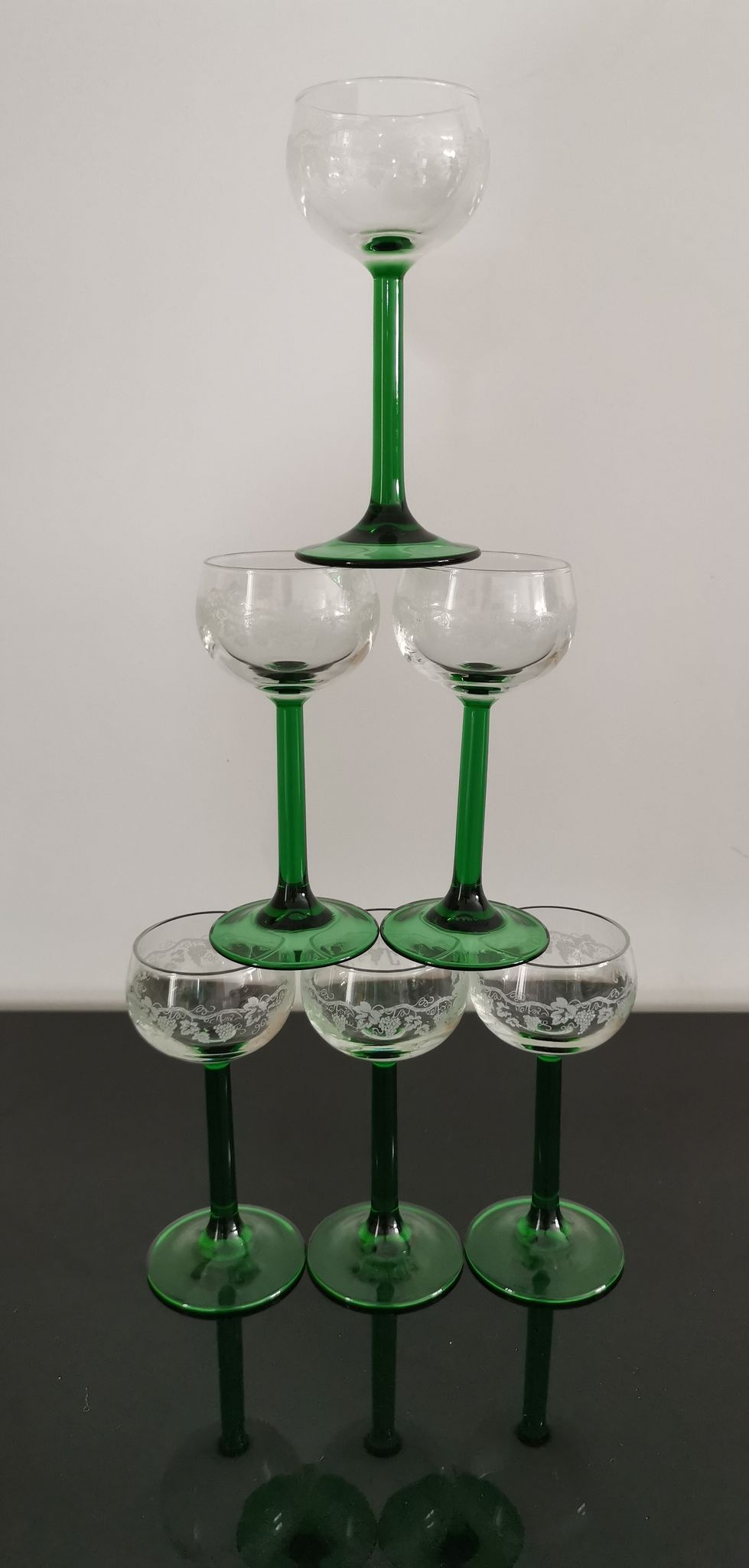 6 Vintage Alsace wine glasses with green feet decorations Bunches of Grapes and Vines
