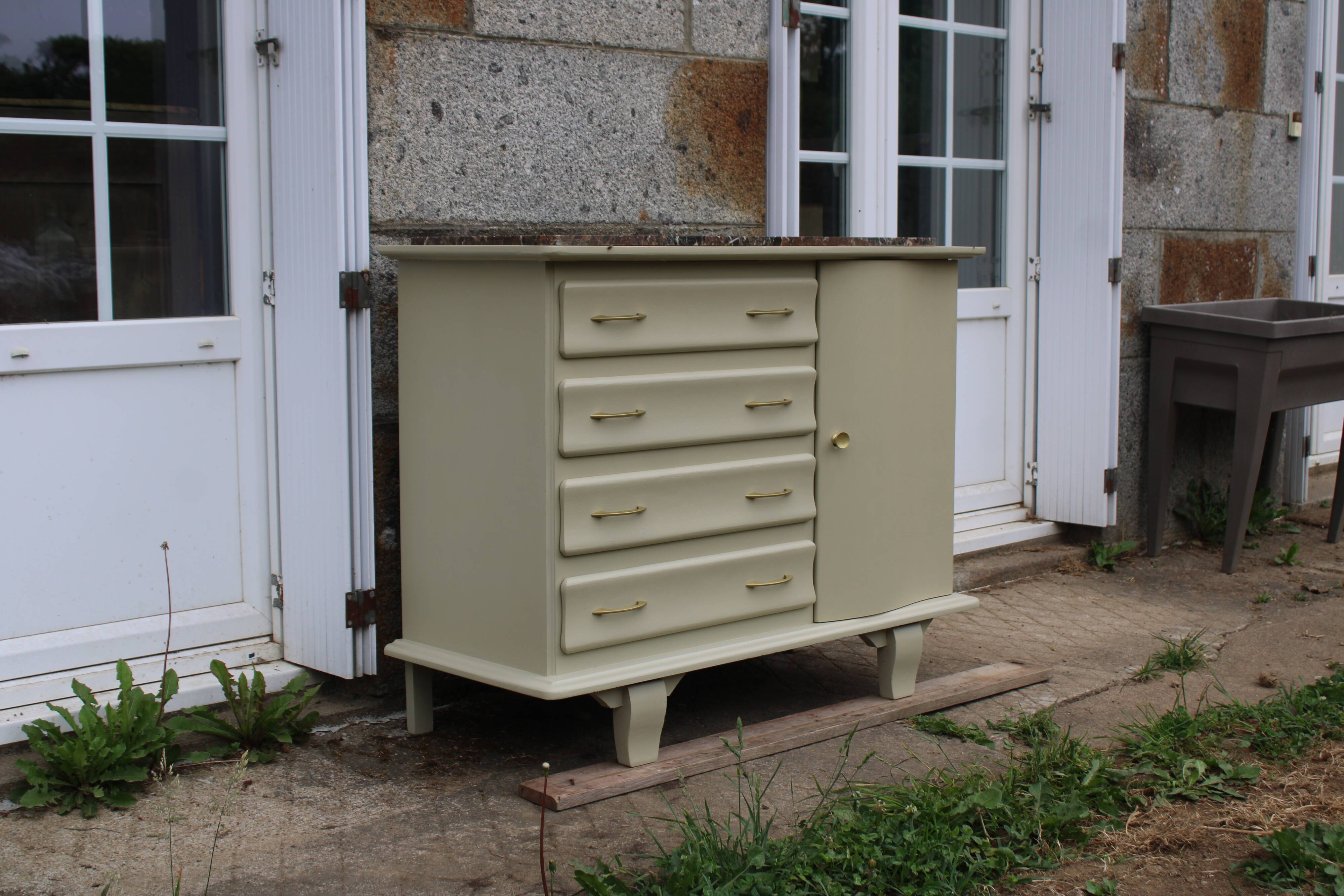 Asymmetrical Art Deco Chest of Drawers – Marble & Cream Green