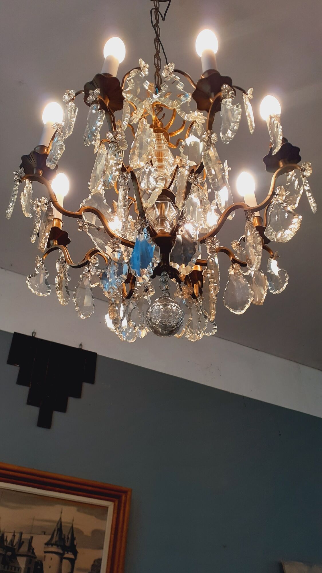 Chandelier cage with grapevines 8 lights Louis XV style in bronze and crystal around 1900