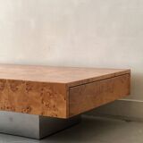 Coffee table with elm burl, integrated drawers, Mahey for Roche Bobois 1970.