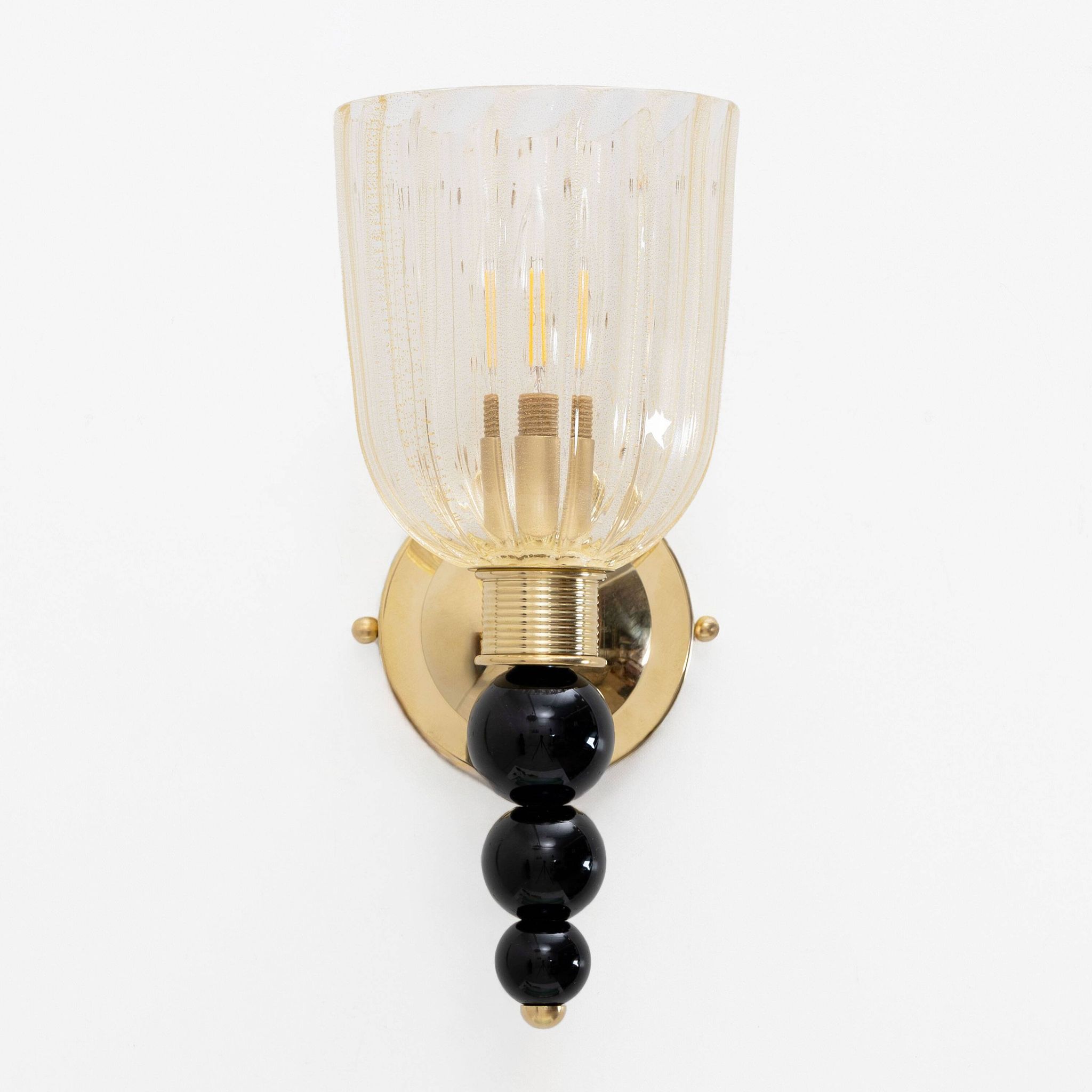 Pair of Italian Murano Glass Wall Sconces with Gold Dust Inclusions and Bra