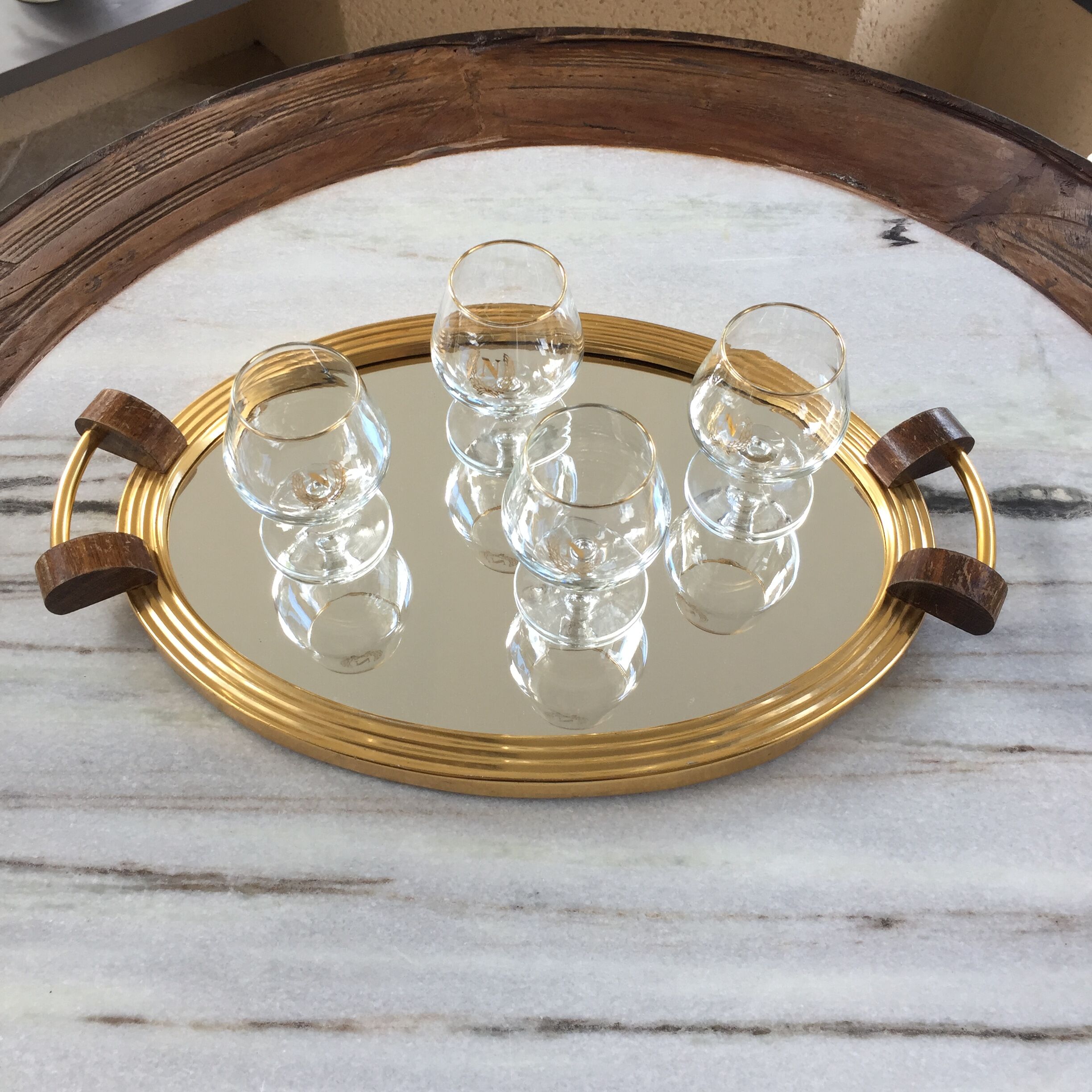 Plateau miroir art déco doré