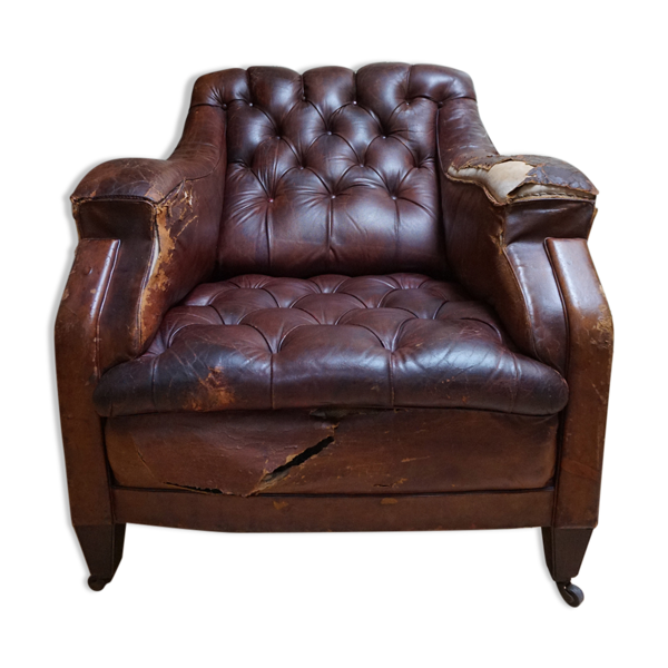 Fauteuil de bibliothèque en cuir usé avec boutons, années 1840