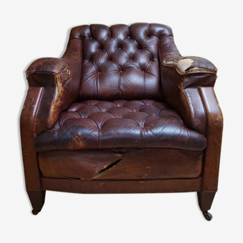 Worn Leather Buttoned Library Fireside Armchair, 1840's
