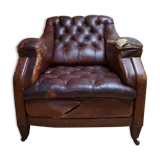 Worn Leather Buttoned Library Fireside Armchair, 1840's
