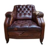 Fauteuil de bibliothèque en cuir usé avec boutons, années 1840