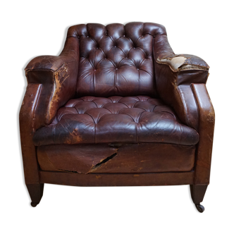 Worn Leather Buttoned Library Fireside Armchair, 1840's