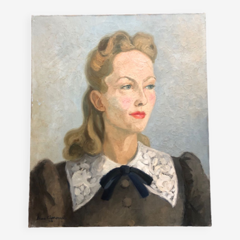 Portrait ancien femme huile sur toile daté 1942 signé