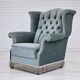 Années 1960, fauteuil à oreilles danois, velours bleu clair, bon état d'origine.