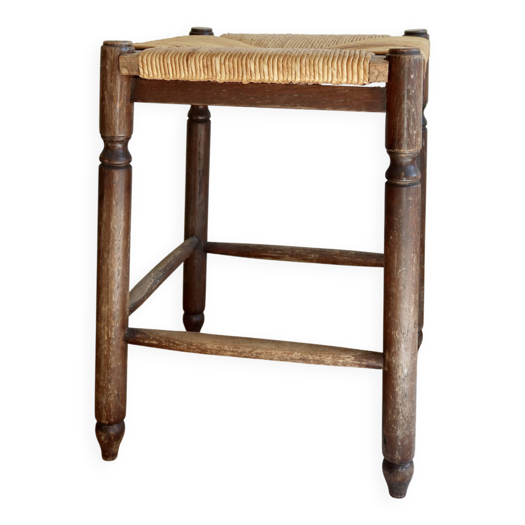 Tabouret ancien carré en bois avec assise en paille tressée