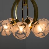Lustre à 6 bras en laiton et verre, années 1980
