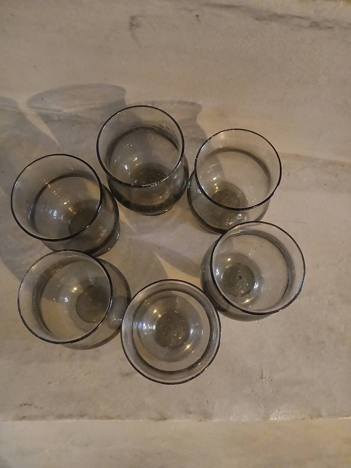 6 old smoked glasses with bubbles