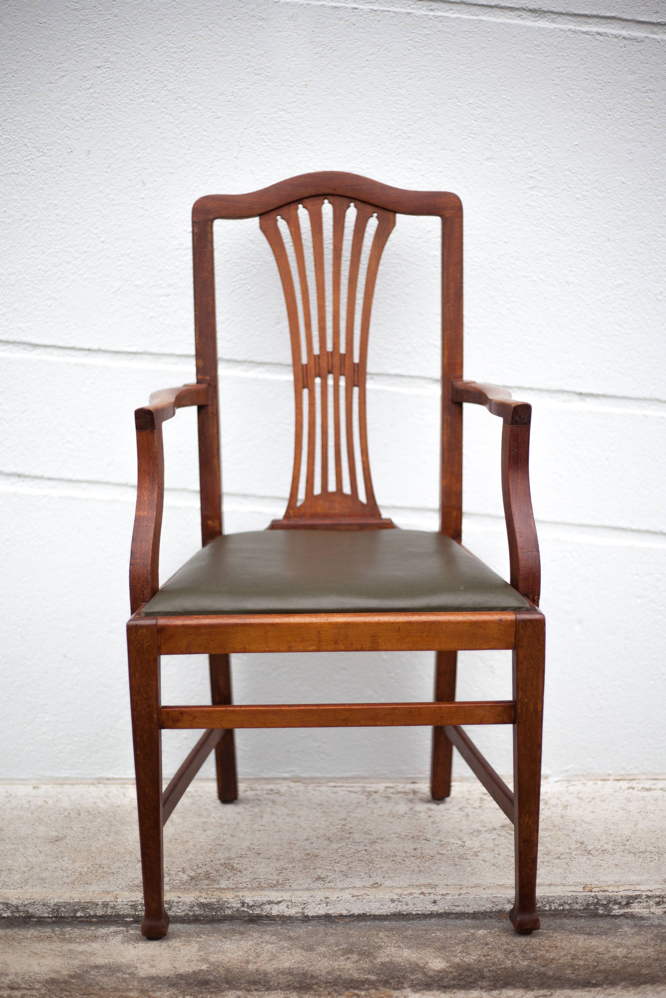 Art Nouveau armchair, wooden armchair with green leather seat, guimard style legs, living room, library