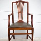 Art Nouveau armchair, wooden armchair with green leather seat, guimard style legs, living room, library