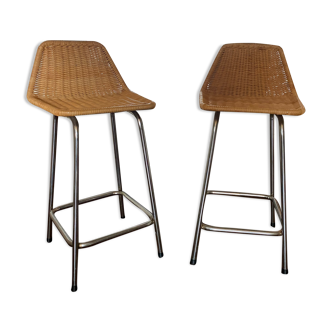 Vintage modernist steel and rattan stools