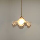 Vintage French Art Deco White Opaque Glass Pendant Light Clear Frilled Edge
