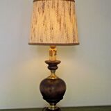 French Mid Century Round Lamp in Turned Wood and Gold Metal Beige Fabric Shade 3625