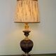 French Mid Century Round Lamp in Turned Wood and Gold Metal Beige Fabric Shade 3625